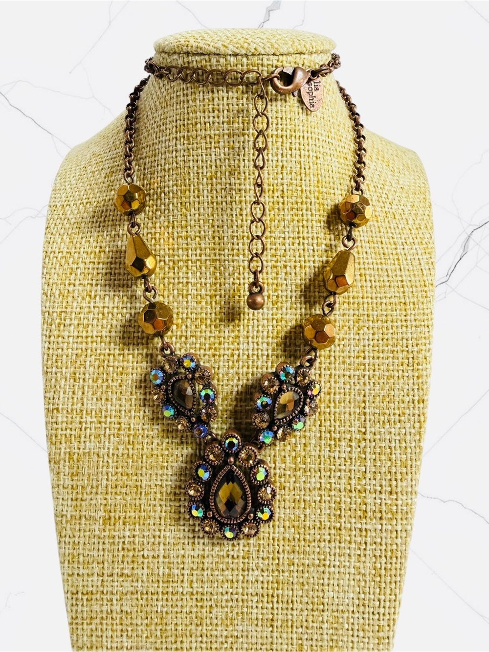 Vintage Lia Sophia Bronze Statement Necklace Multi Colored Stones Glass Crystals